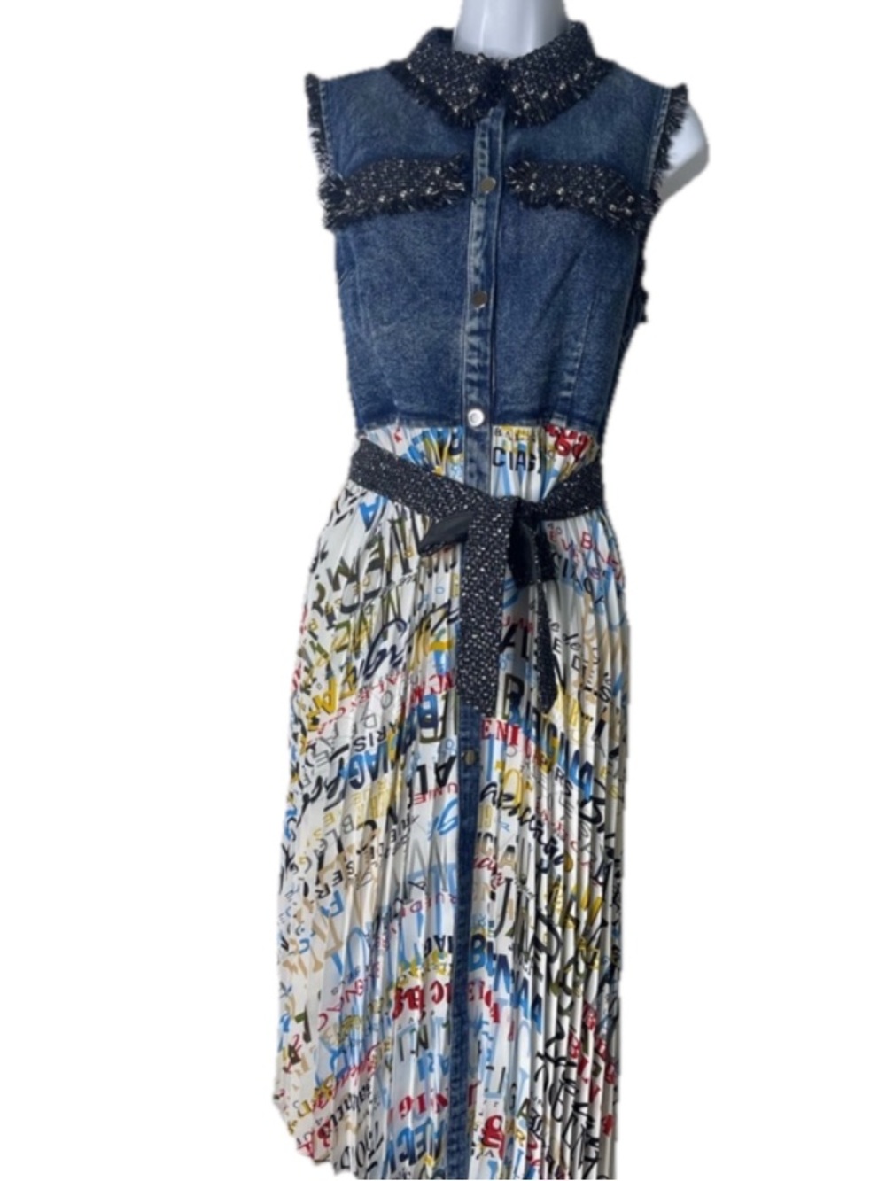 NWT WHY DRESS Mixed Media Denim Pleated Graffiti Midi Dress L